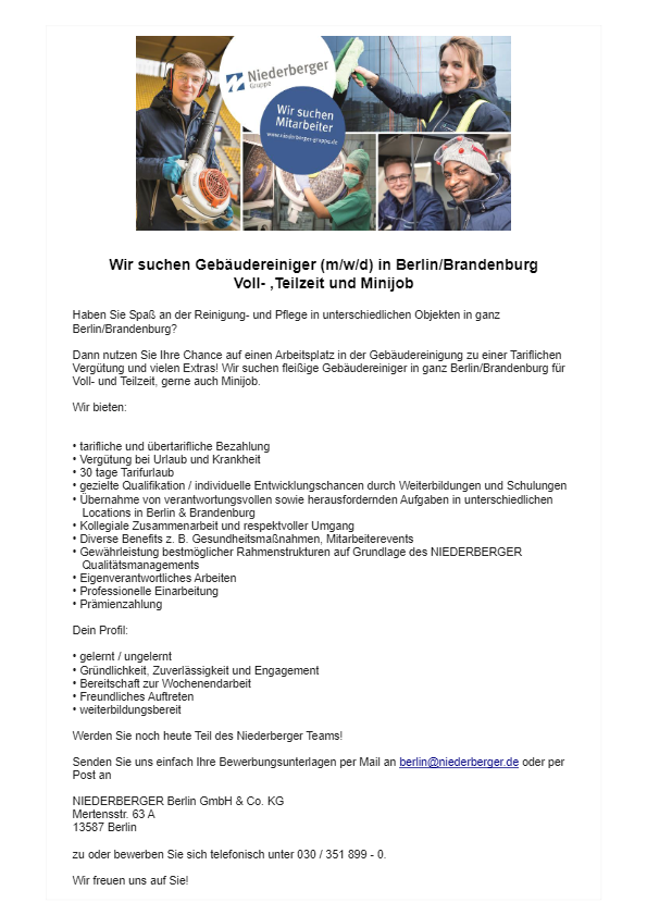 Stellenausschreibung Gebäudereiniger